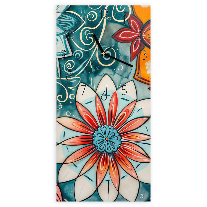 Wanduhr Blumenmuster Mandala aus Glas – Hochformat 30 × 60 cm mit Ziffernblatt Elegant