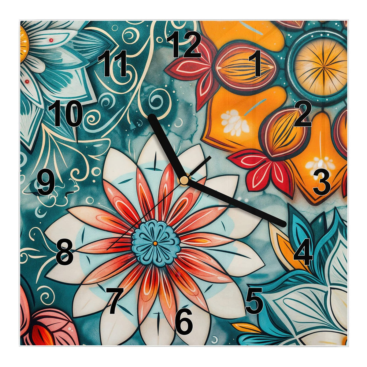 Wanduhr aus Glas, Ziffernblatt Modern: Große gemalte Blüten in Weiß, Koralle und Orange auf türkisem Grund mit Ornamentranken #ziffernblatt_Modern