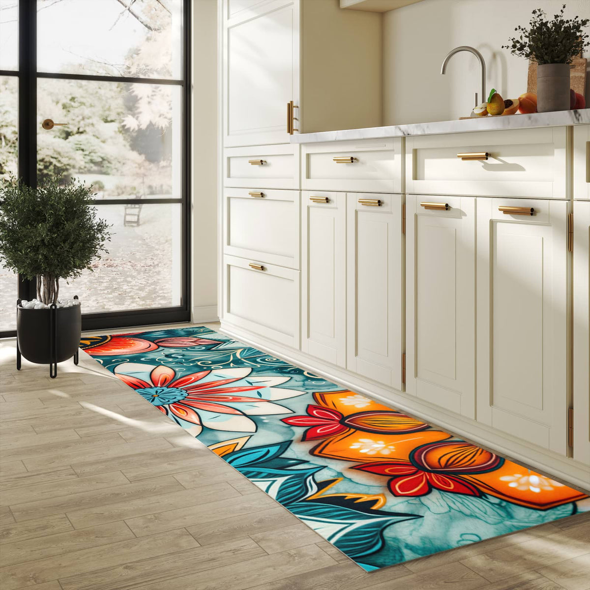 Geräuschdämpfender Küchenläufer mit Motiv Blumenmuster Mandala in heller Küche