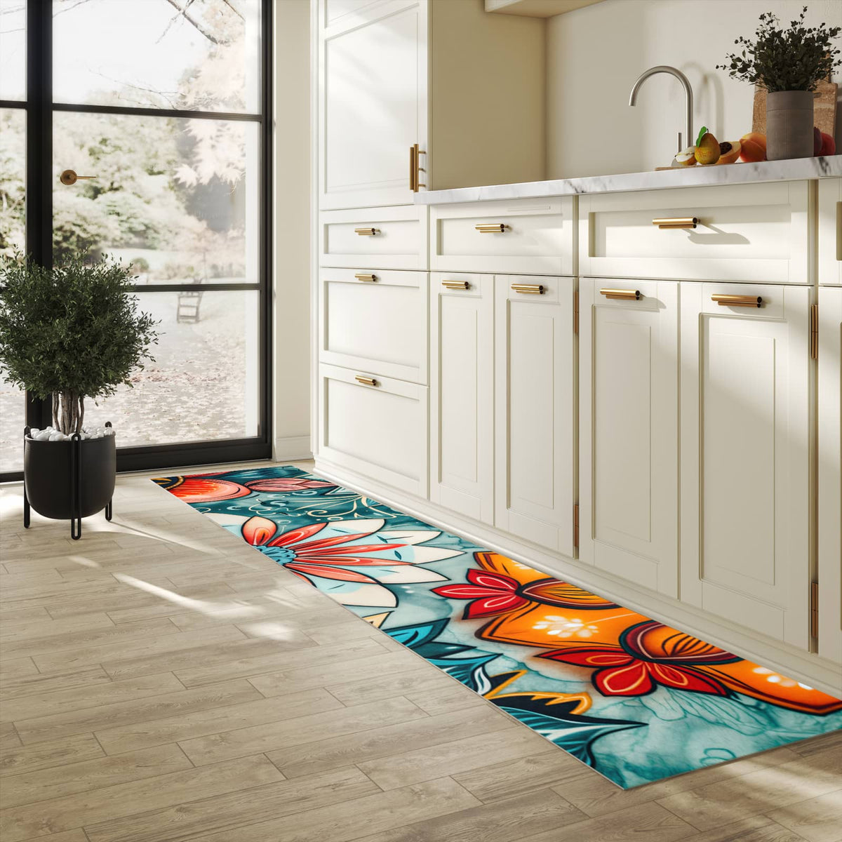Bodenschonender Küchenteppich mit Motiv Blumenmuster Mandala in heller Küche