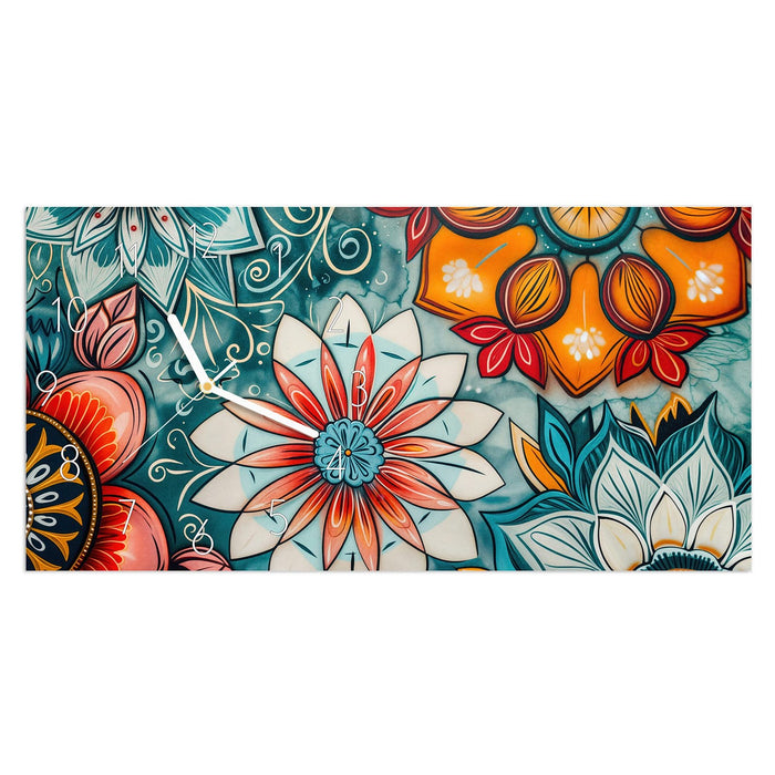 Wanduhr Blumenmuster Mandala aus Glas – Querformat 60 × 30 cm mit Ziffernblatt Elegant