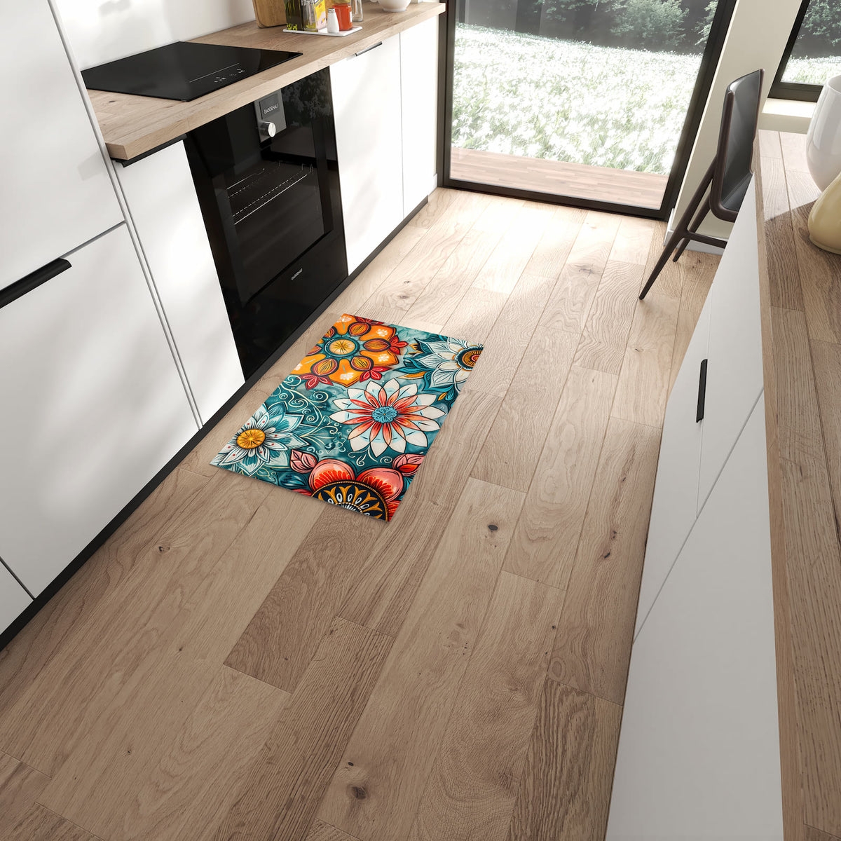 Langlebiger Küchenläufer mit Motiv Blumenmuster Mandala in moderner Küche