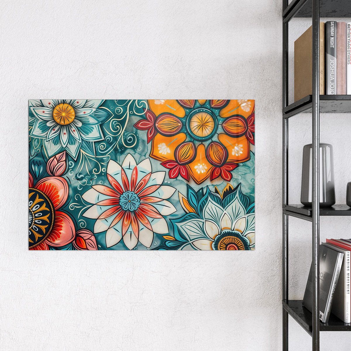 Magnettafel - Ornamente und Blüten – Gemalte Blüten auf Türkis