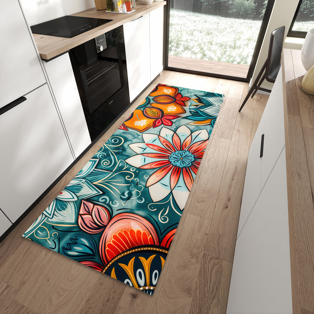 Farbbeständiger Läufer für den Eingangsbereich mit Motiv Blumenmuster Mandala in moderner Küche