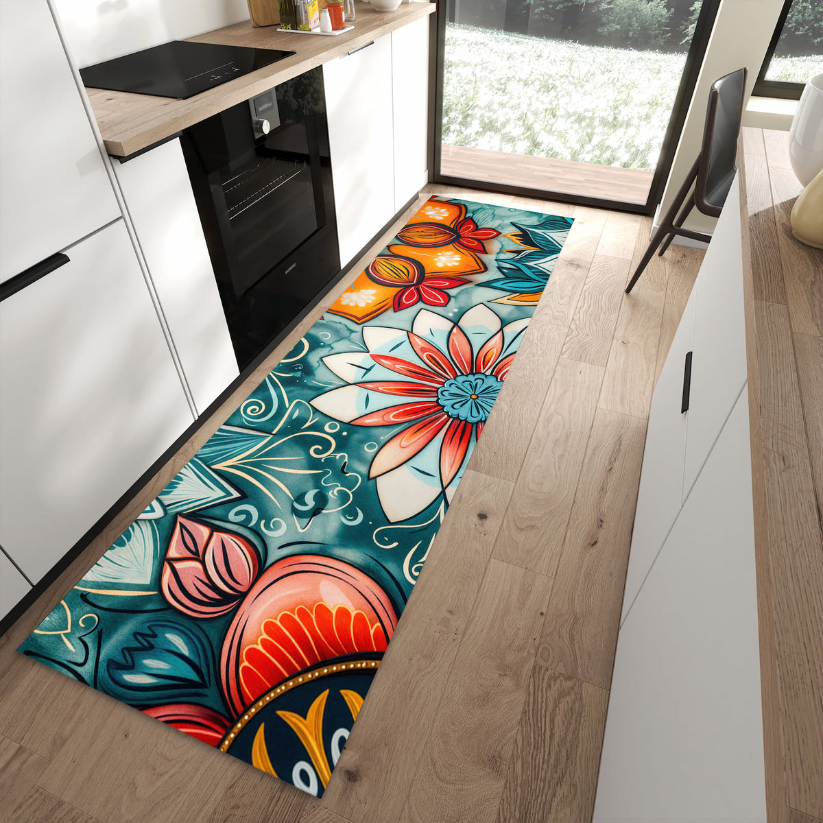 Bodenschonender waschbarer Läufer für die Küche mit Motiv Blumenmuster Mandala in moderner Küche