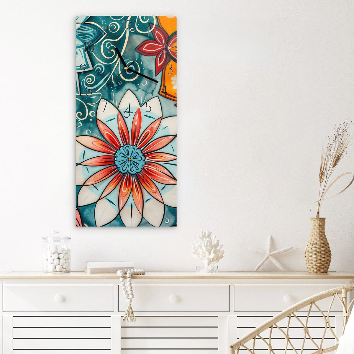 Wanduhr Blumenmuster Mandala aus Glas – Kaleidoskop aus bunten Blüten