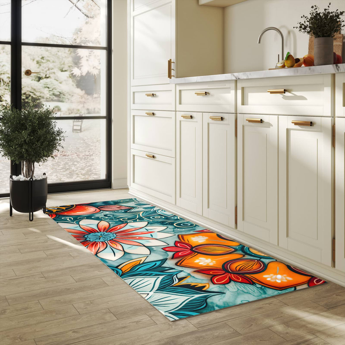 UV-beständiger Küchenvorleger mit Motiv Blumenmuster Mandala in heller Küche