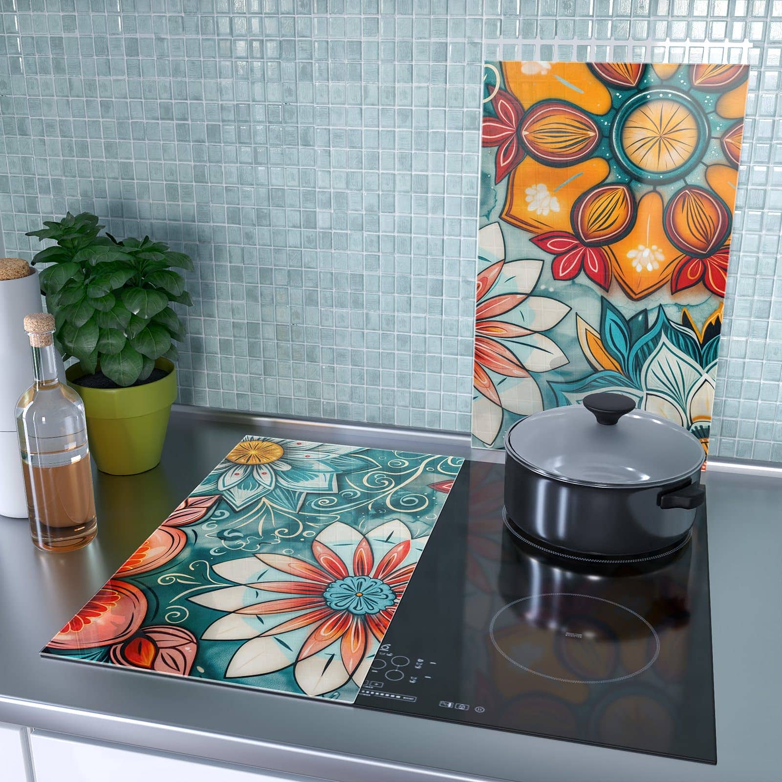2-teilige Abdeckplatten Ceranfeld mit Blumenmuster Mandala-Motiv als Spritzschutz hinter dem Kochfeld