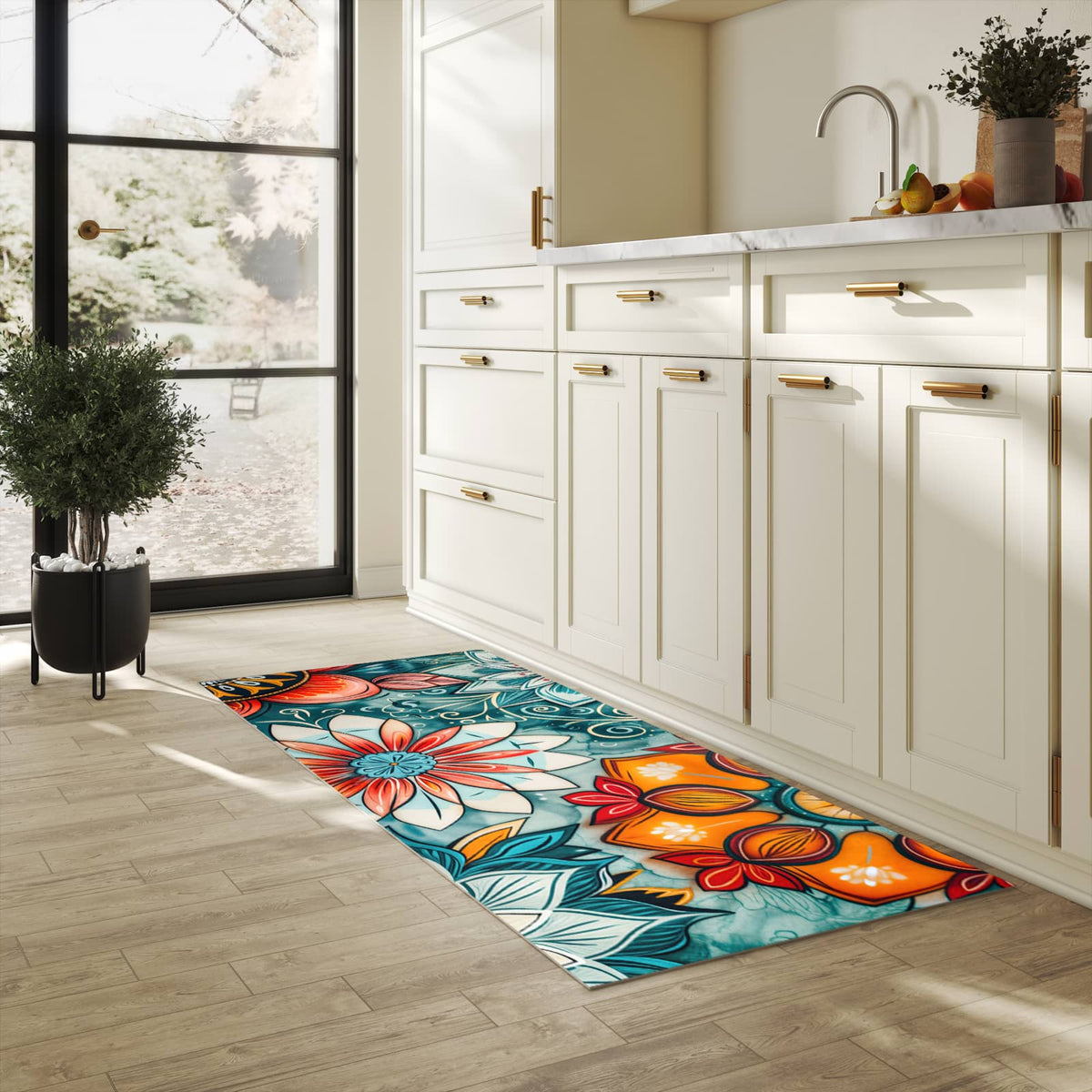 Formstabiler Küchenteppich mit Motiv Blumenmuster Mandala in heller Küche