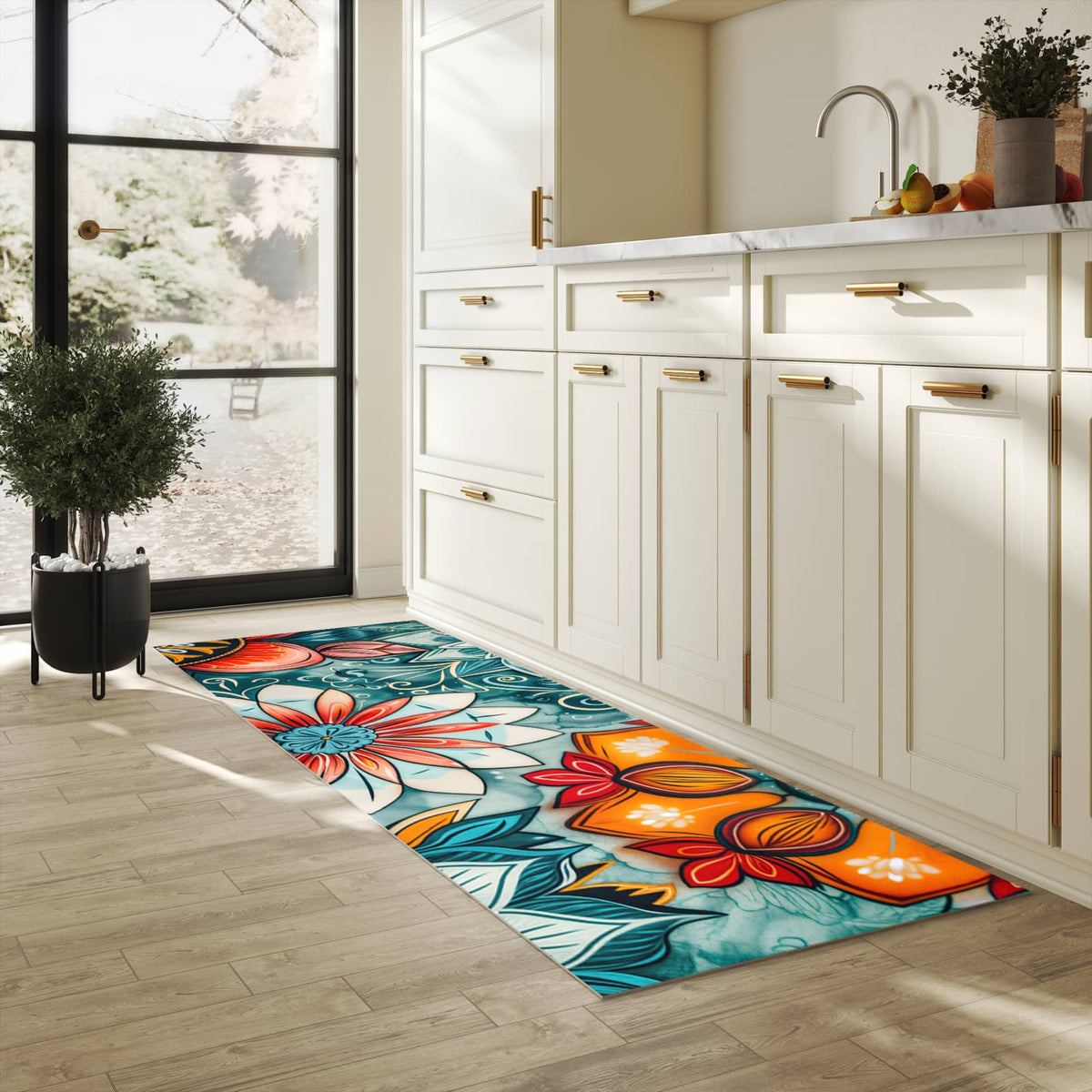 Küchenläufer mit Motiv Blumenmuster Mandala in heller Küche für sichere Aufbewahrung