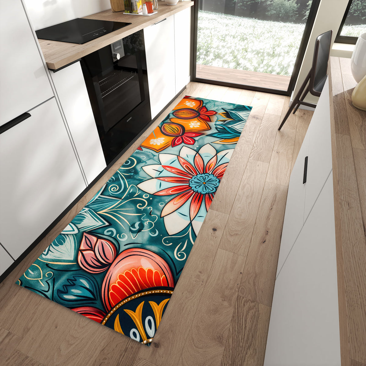 Feuchtigkeitsresistenter Teppichläufer mit Motiv Blumenmuster Mandala in moderner Küche