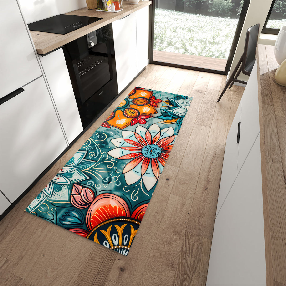 Rutschfester Küchenläufer mit Motiv Blumenmuster Mandala in moderner Küche