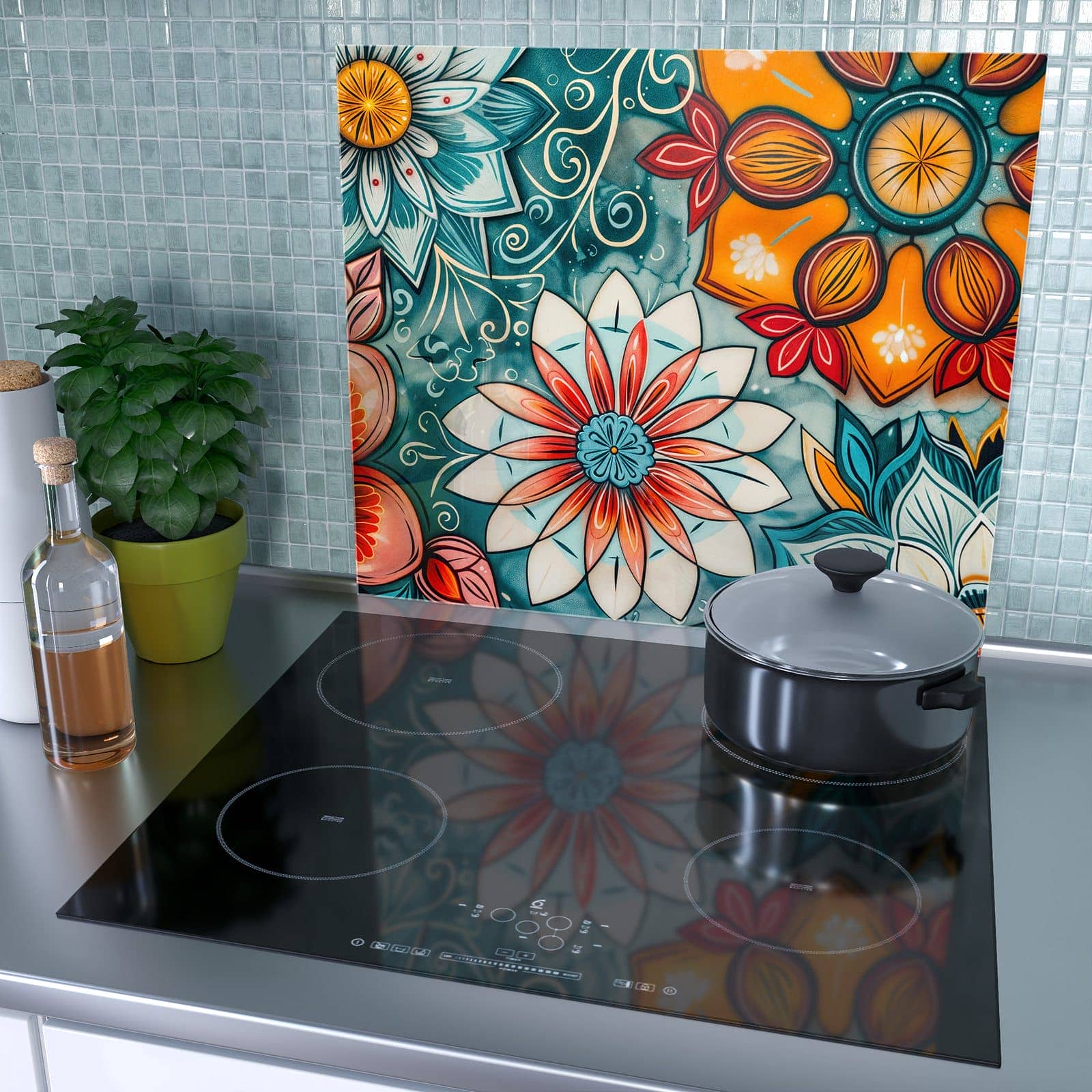 1-teilige Herdabdeckplatte für Ceranfeld mit Blumenmuster Mandala-Motiv als Spritzschutz