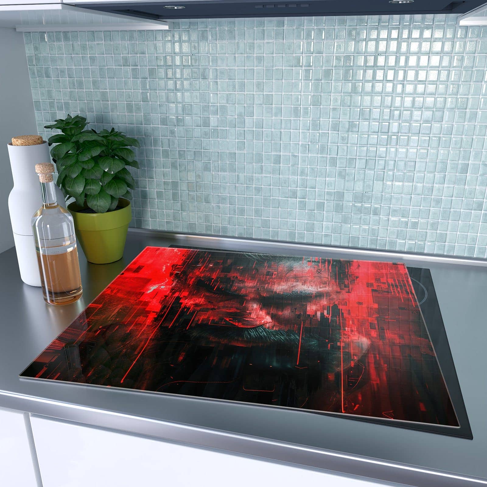 1-teilige Herdabdeckplatte aus Glas mit Abstrakte Digital Kunst-Motiv auf dem Ceranfeld