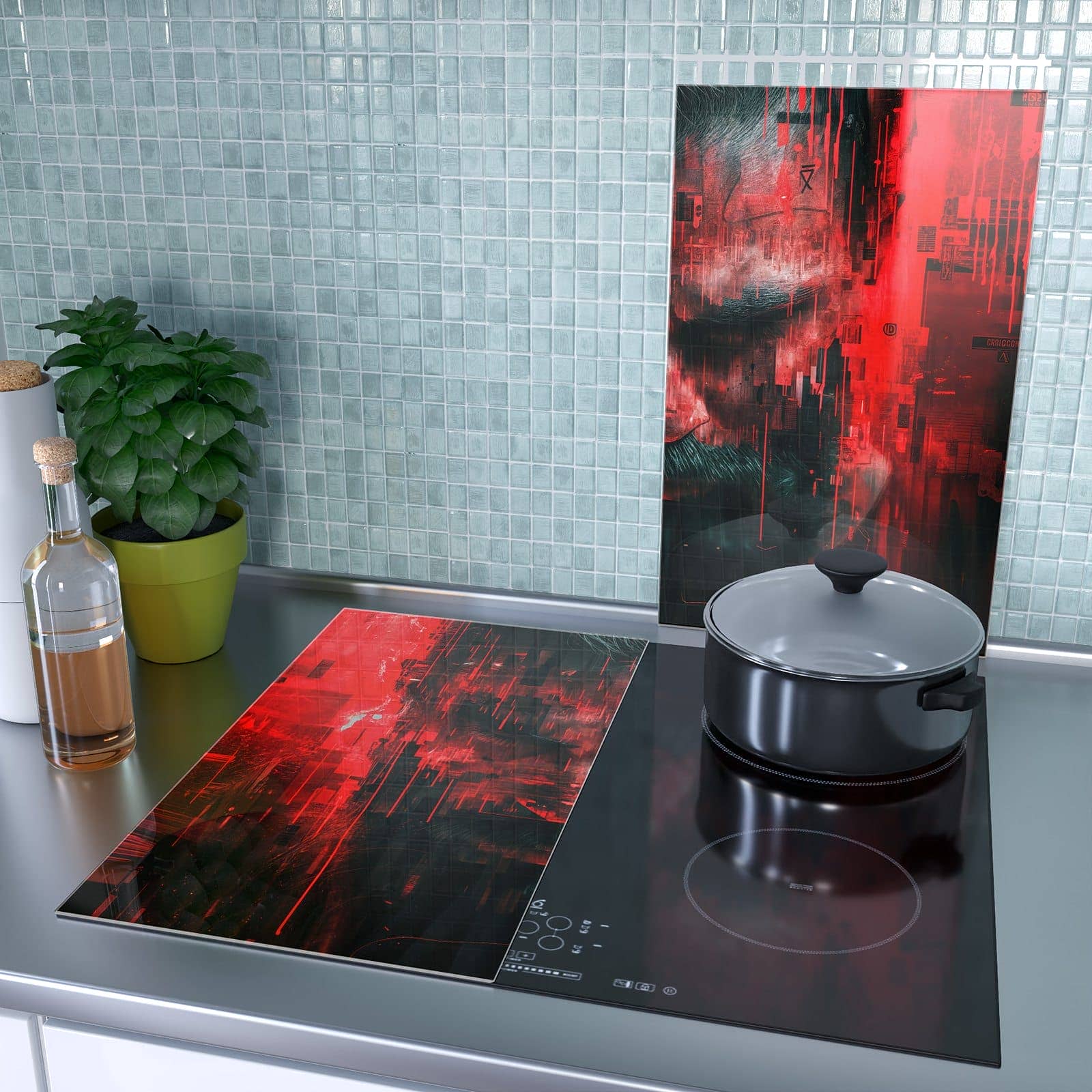 2-teilige Herdabdeckplatte mit Abstrakte Digital Kunst-Motiv als Spritzschutz hinter dem Kochfeld
