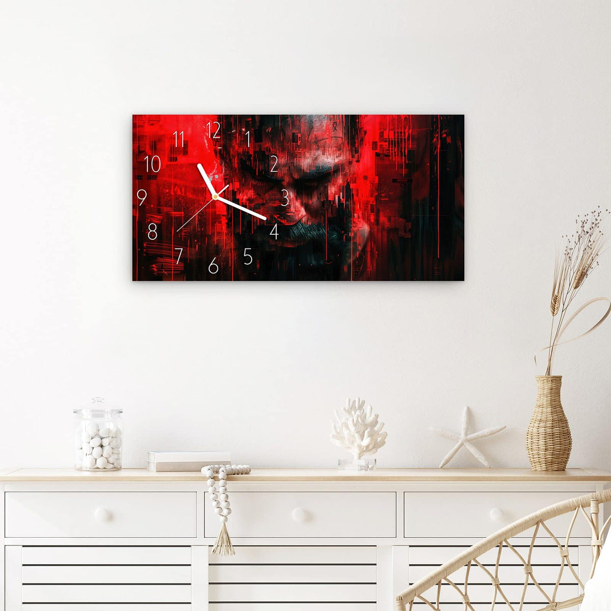 Wanduhr Abstrakte Digital Kunst aus Glas – Querformat 60 × 30 cm – Intensiver Blick in Rot
