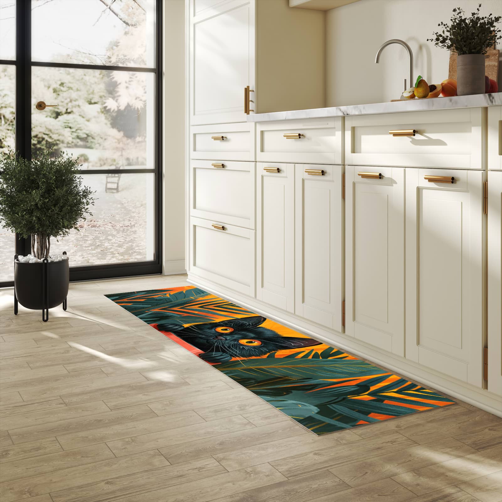 Bodenschonender waschbarer Küchenteppich mit Motiv Katze im Dschungel in heller Küche
