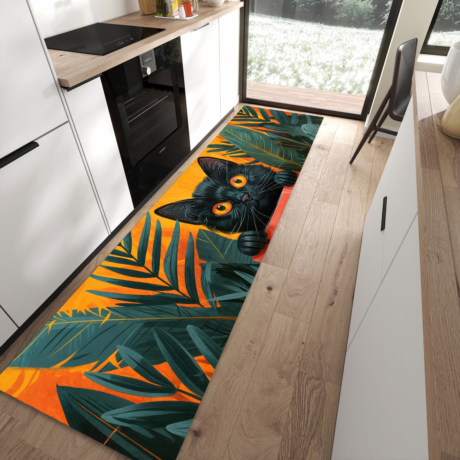 Farbbeständiger waschbarer Küchenläufer mit Motiv Katze im Dschungel in moderner Küche