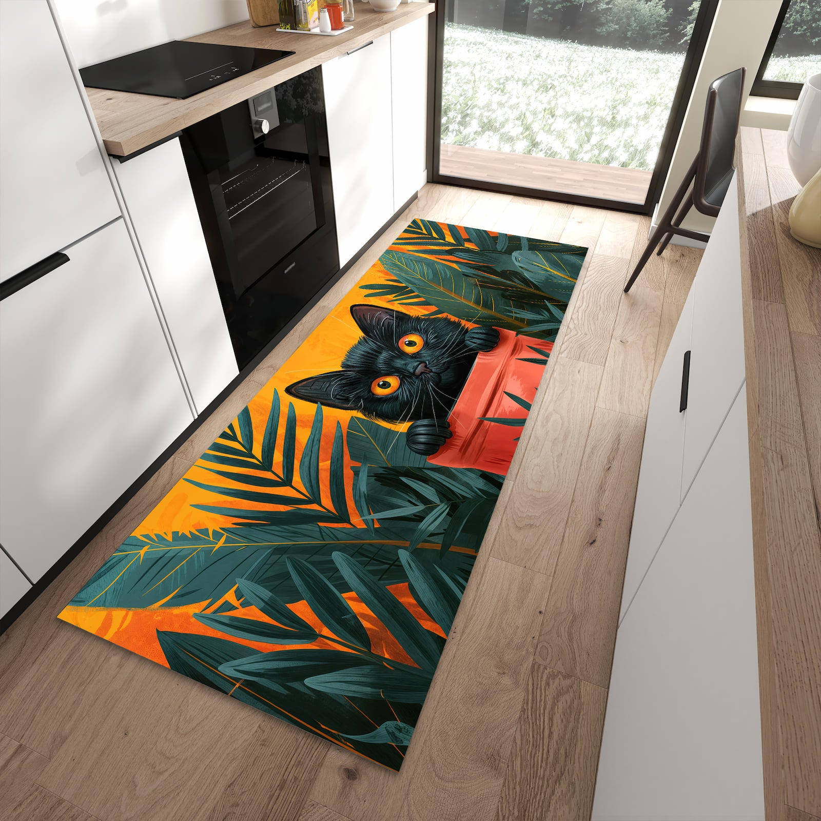 Sicherer Küchenläufer mit Motiv Katze im Dschungel in moderner Küche