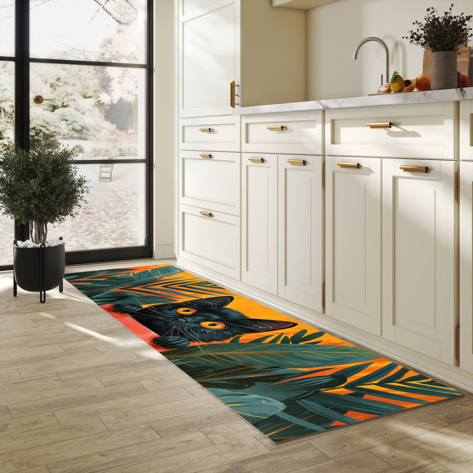 Abriebfester großer Küchenteppich mit Motiv Katze im Dschungel in heller Küche