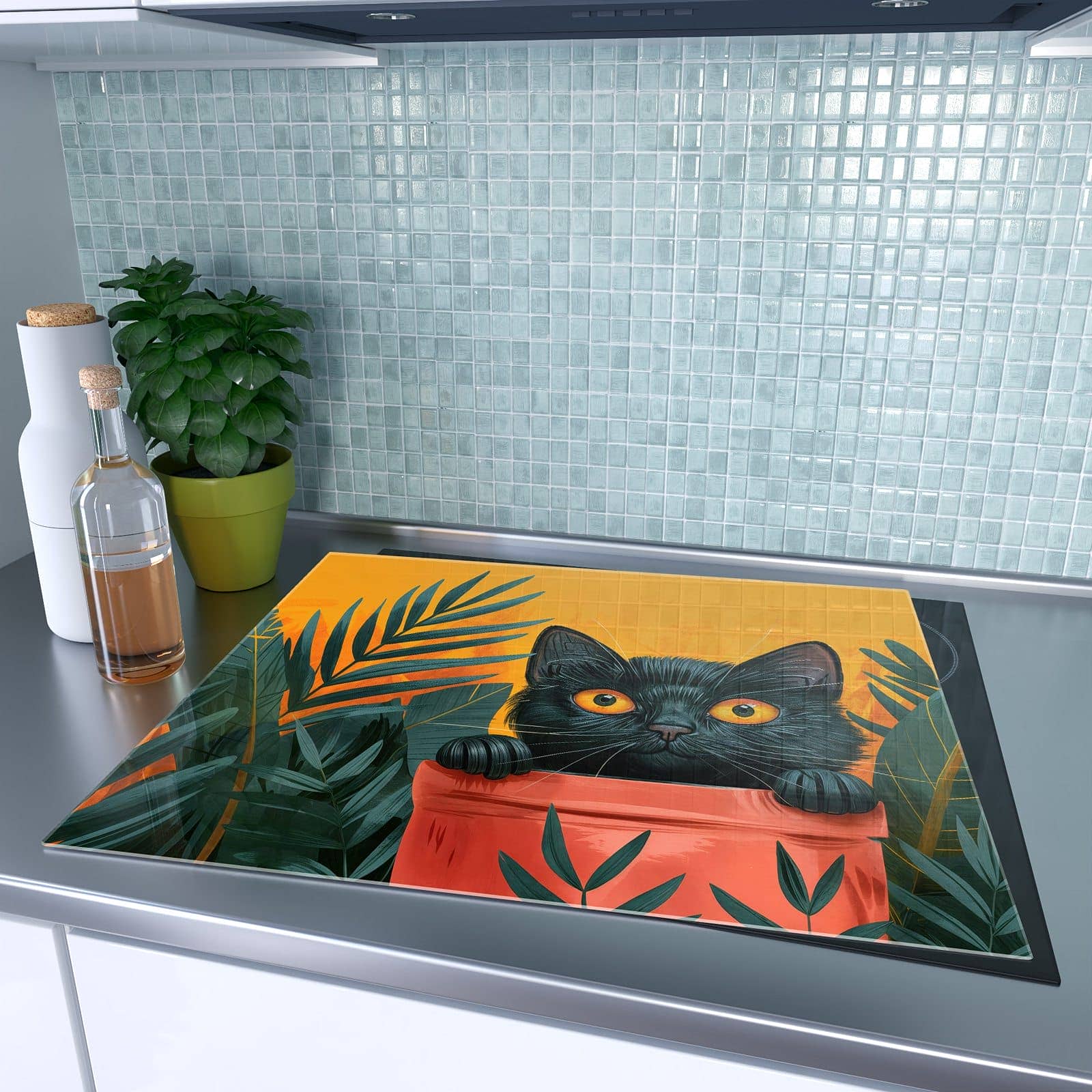 1-teilige Herdabdeckplatte mit Katze im Dschungel-Motiv auf dem Ceranfeld