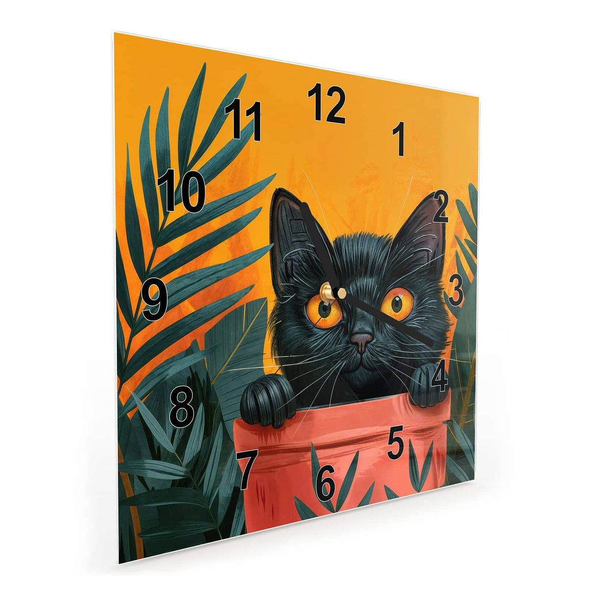 Quadratische Wanduhr aus Glas Katze im Blumentopf schräg von der Seite, 4 mm starkes Glas
