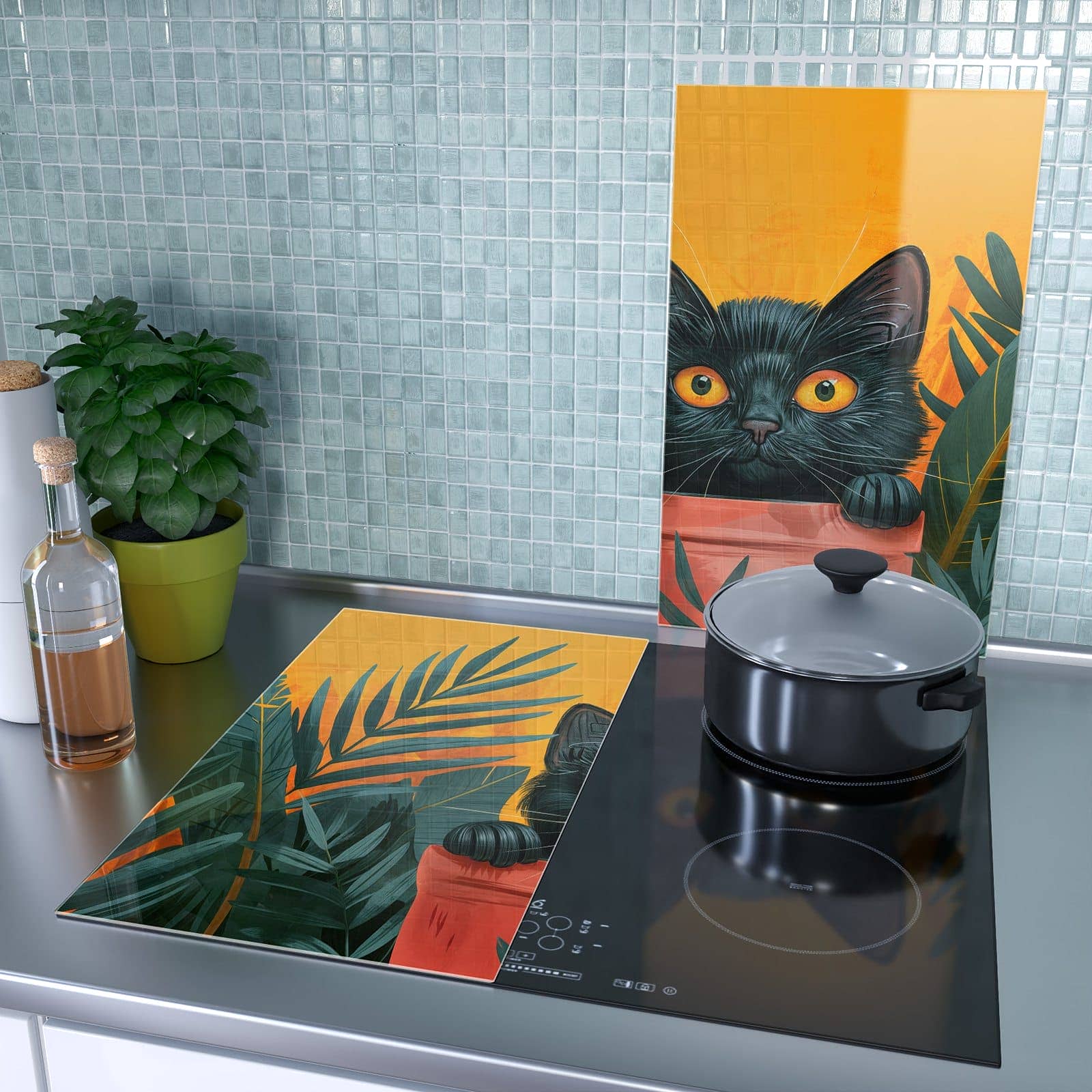2-teilige Herdabdeckplatte aus Glas mit Katze im Dschungel-Motiv als Spritzschutz hinter dem Kochfeld