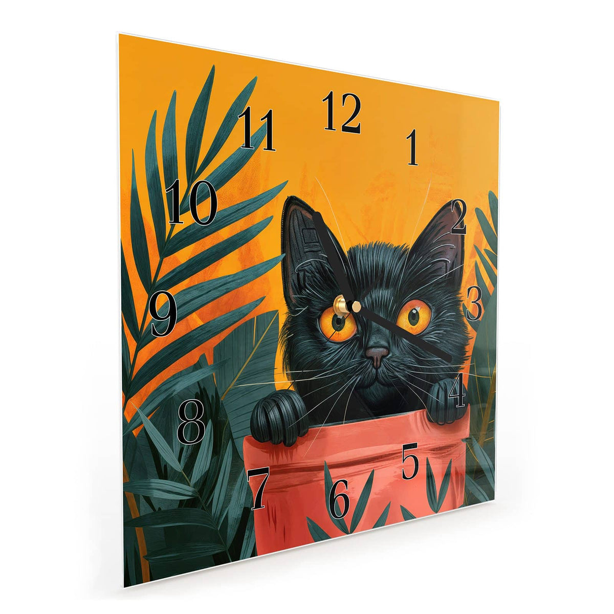 Quadratische Wanduhr aus Glas Katze im Blumentopf schräg von der Seite, 4 mm starkes Glas