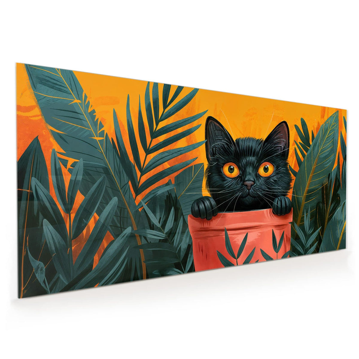 Küchenrückwand aus Glas im Hochformat: Illustrierte schwarze Katze mit orangen Augen, die aus einem roten Blumentopf schaut, Palmblätter vor Orange