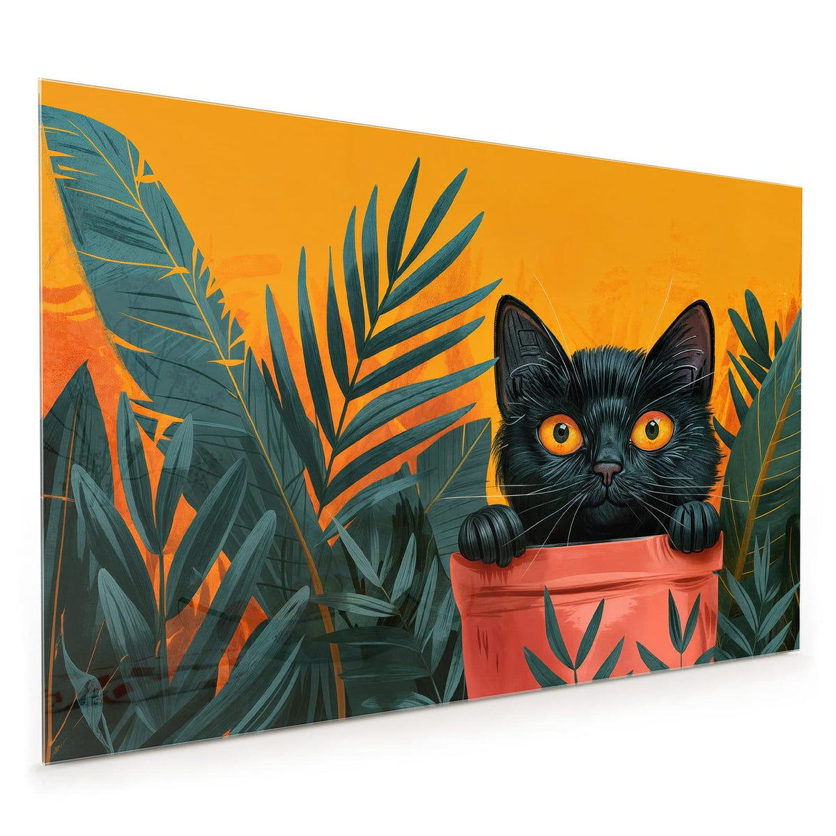 Küchenrückwand aus Glas im Hochformat: Illustrierte schwarze Katze mit orangen Augen, die aus einem roten Blumentopf schaut, Palmblätter vor Orange