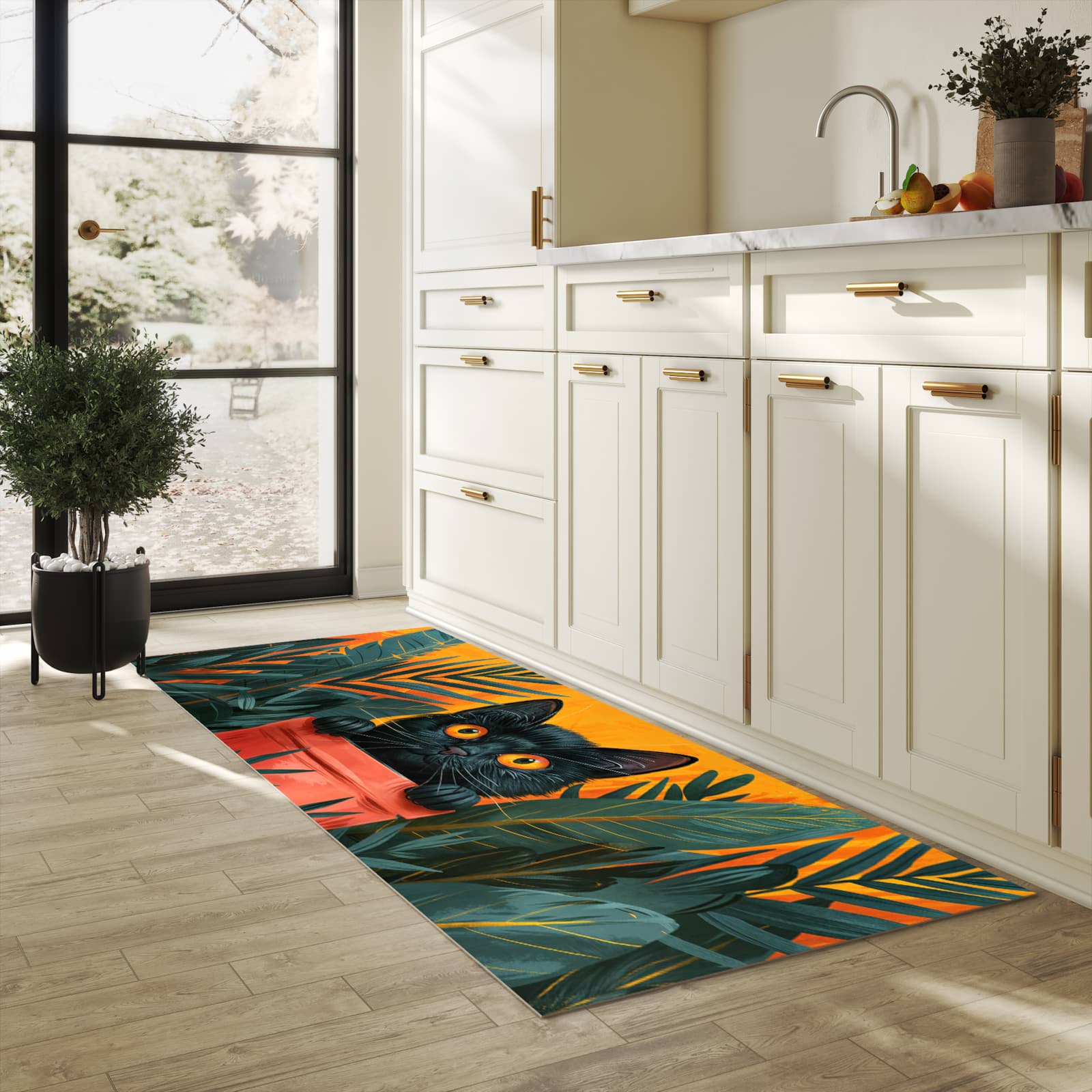 Wasserabweisender Küchenläufer mit Motiv Katze im Dschungel in heller Küche