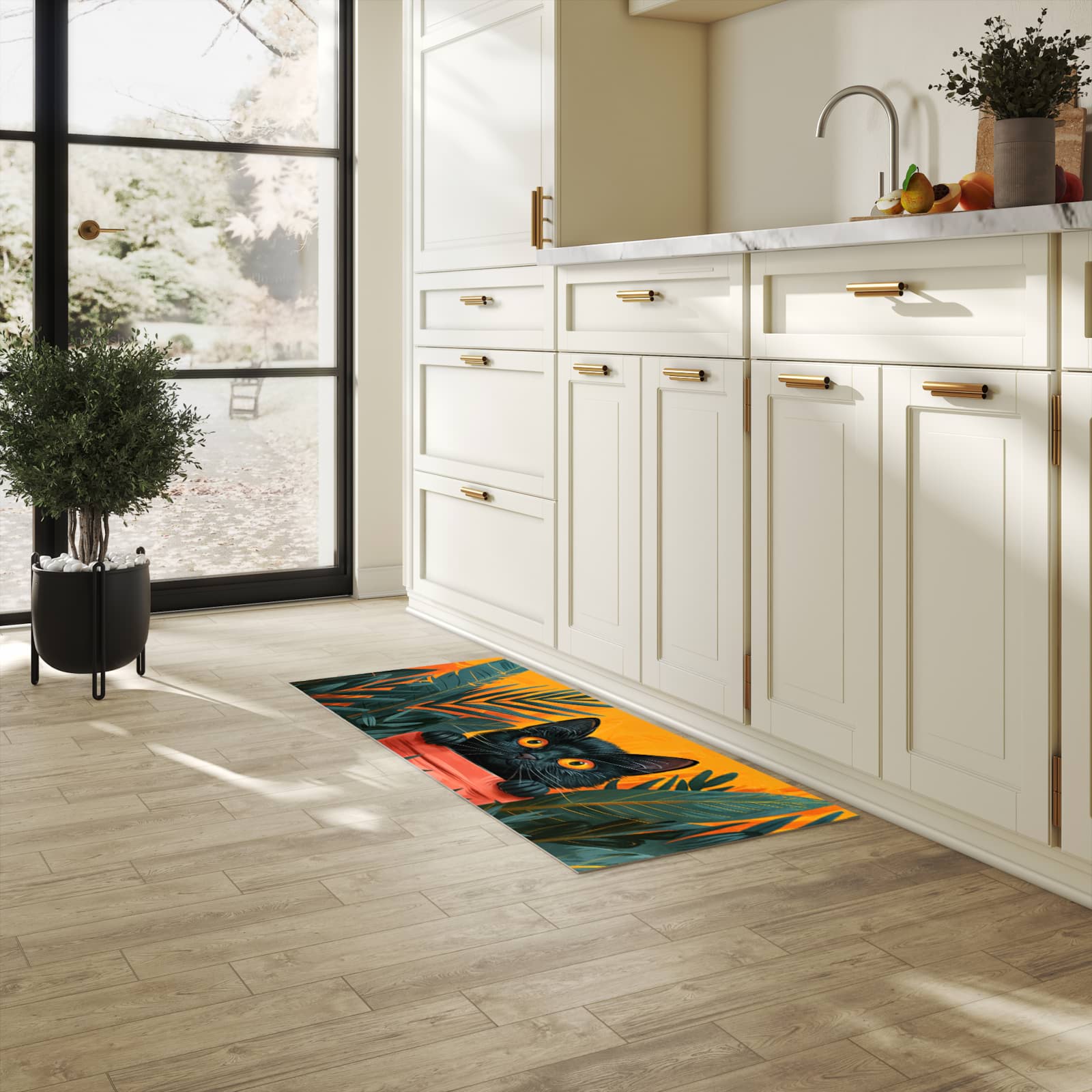 Bodenschonender Bodenläufer-Teppich mit Motiv Katze im Dschungel in heller Küche