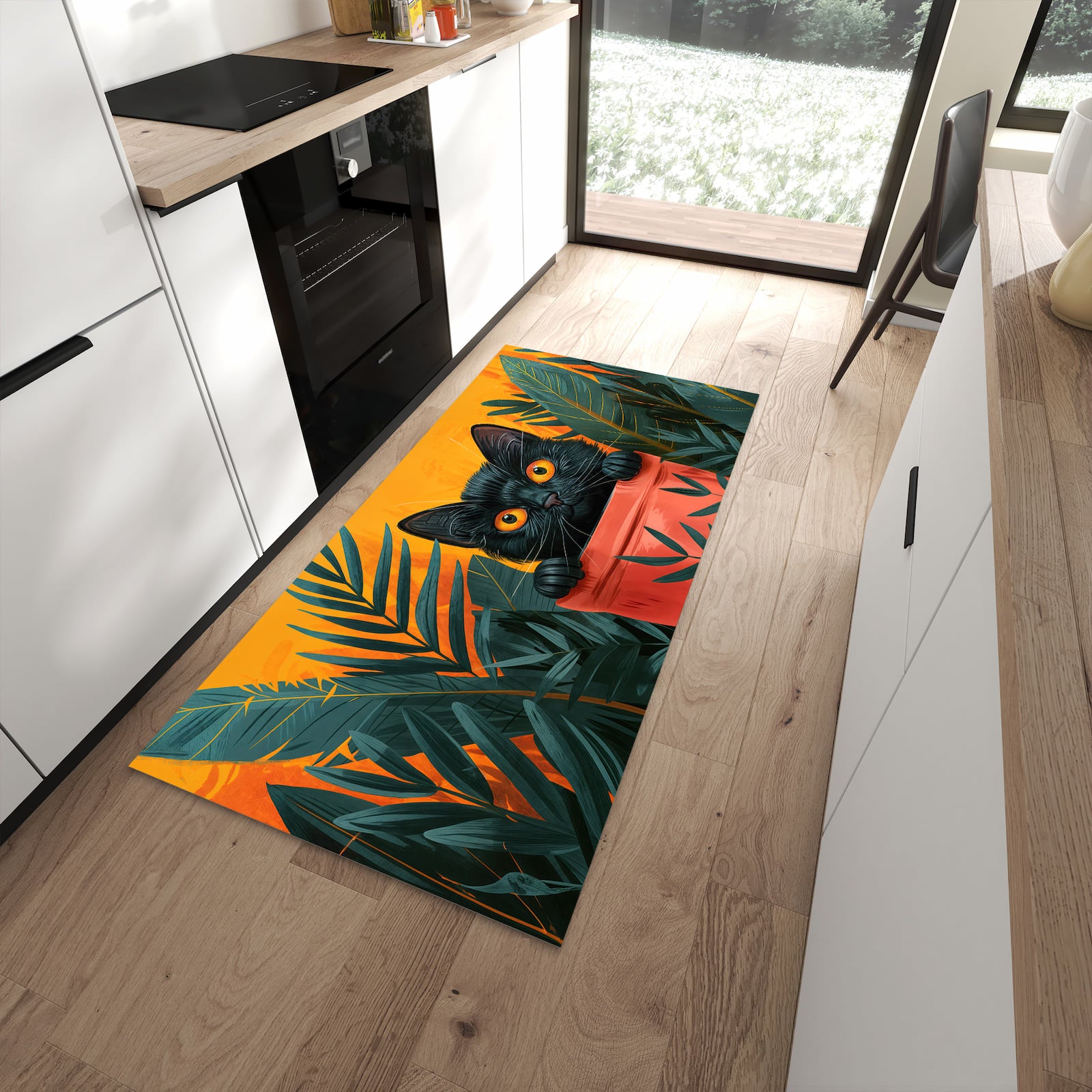 Formstabiler rutschfester Küchenläufer mit Motiv Katze im Dschungel in moderner Küche