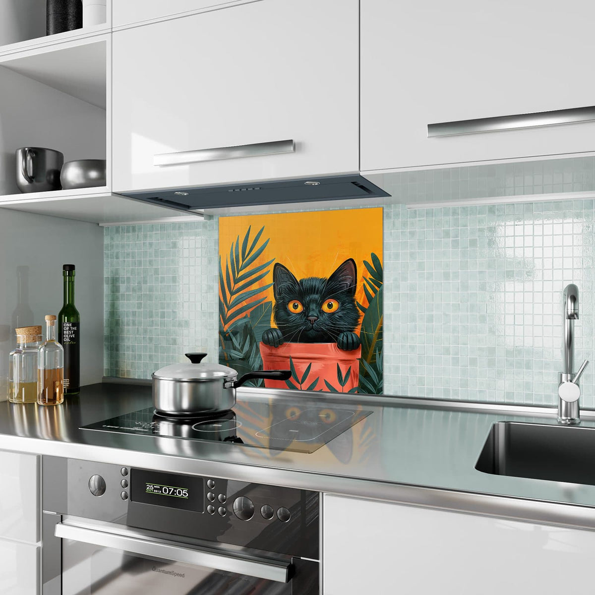 Küchenrückwand Katze im Blumentopf aus Glas – Schwarze Katze im Blumentopf