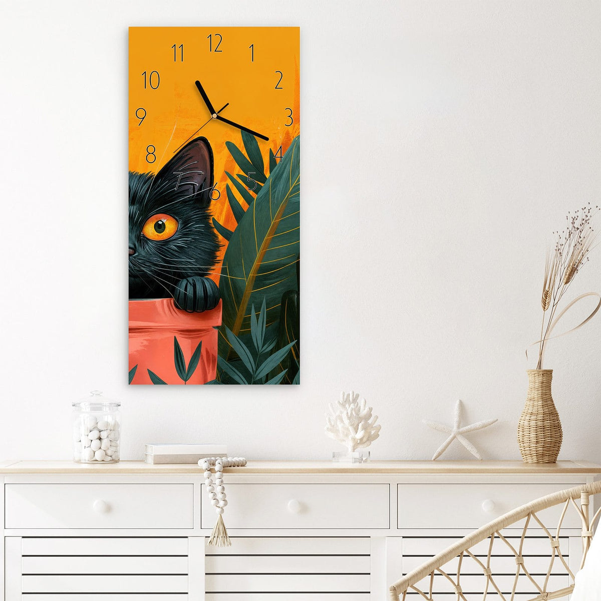Wanduhr Katze im Dschungel aus Glas – Schwarze Katze im Blumentopf