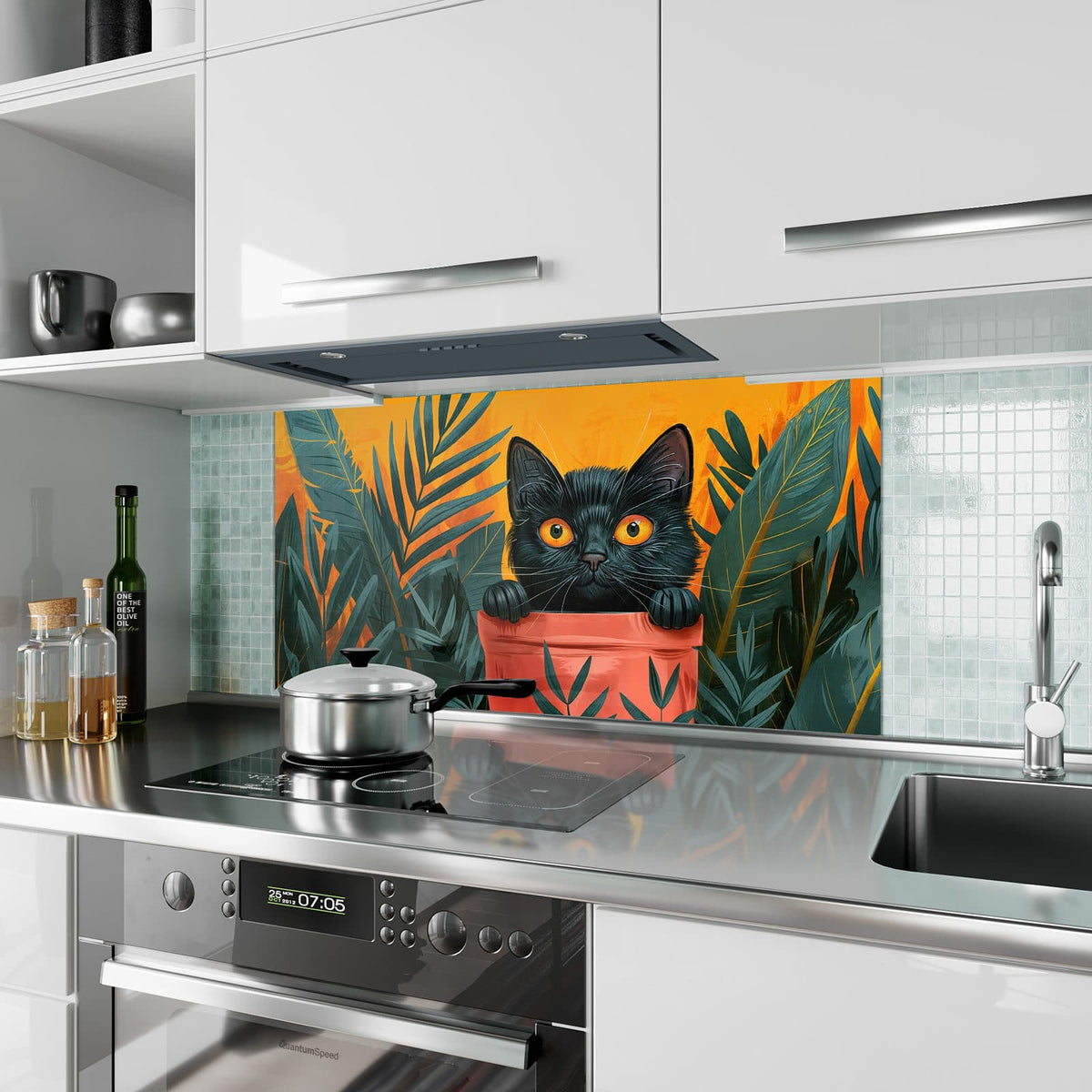 Küchenrückwand aus Glas Katze im Blumentopf im Hochformat als Spritzschutz hinter dem Kochfeld, über dem Fliesenspiegel montiert
