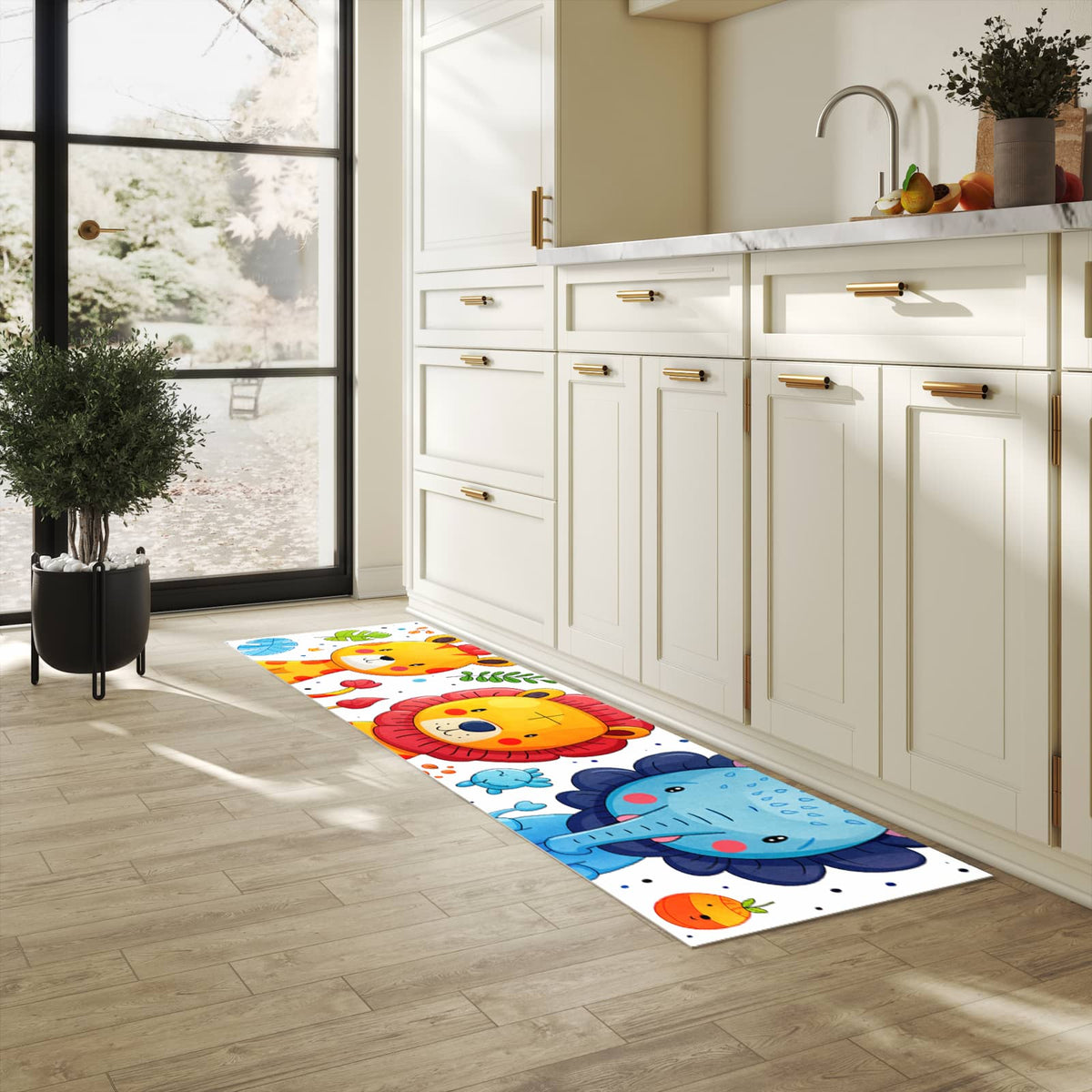 Pflegeleichter waschbarer Küchenläufer mit Motiv Tierisches Design in heller Küche