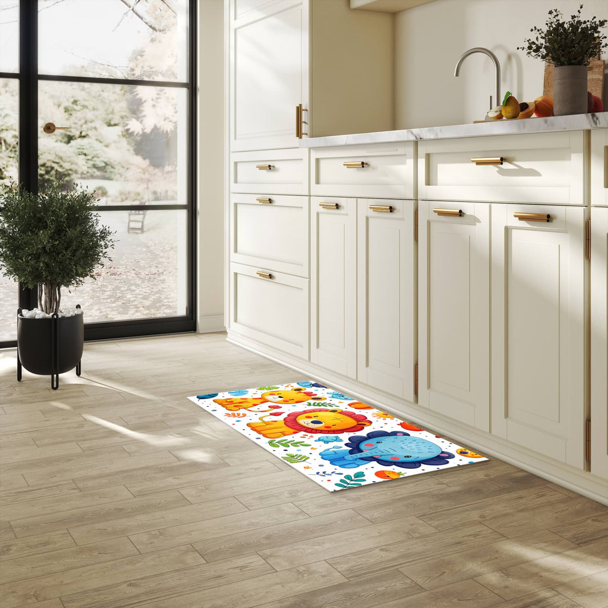 Geruchsneutraler Küchenläufer mit Motiv Tierisches Design in heller Küche