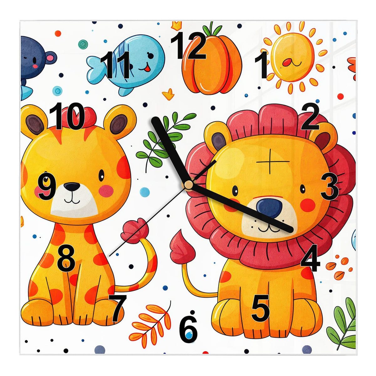 Wanduhr aus Glas, Ziffernblatt Modern: Cartoon-Löwe mit roter Mähne und gelber Leopard, dazu Fische, Vogel und lachende Sonne #ziffernblatt_Modern
