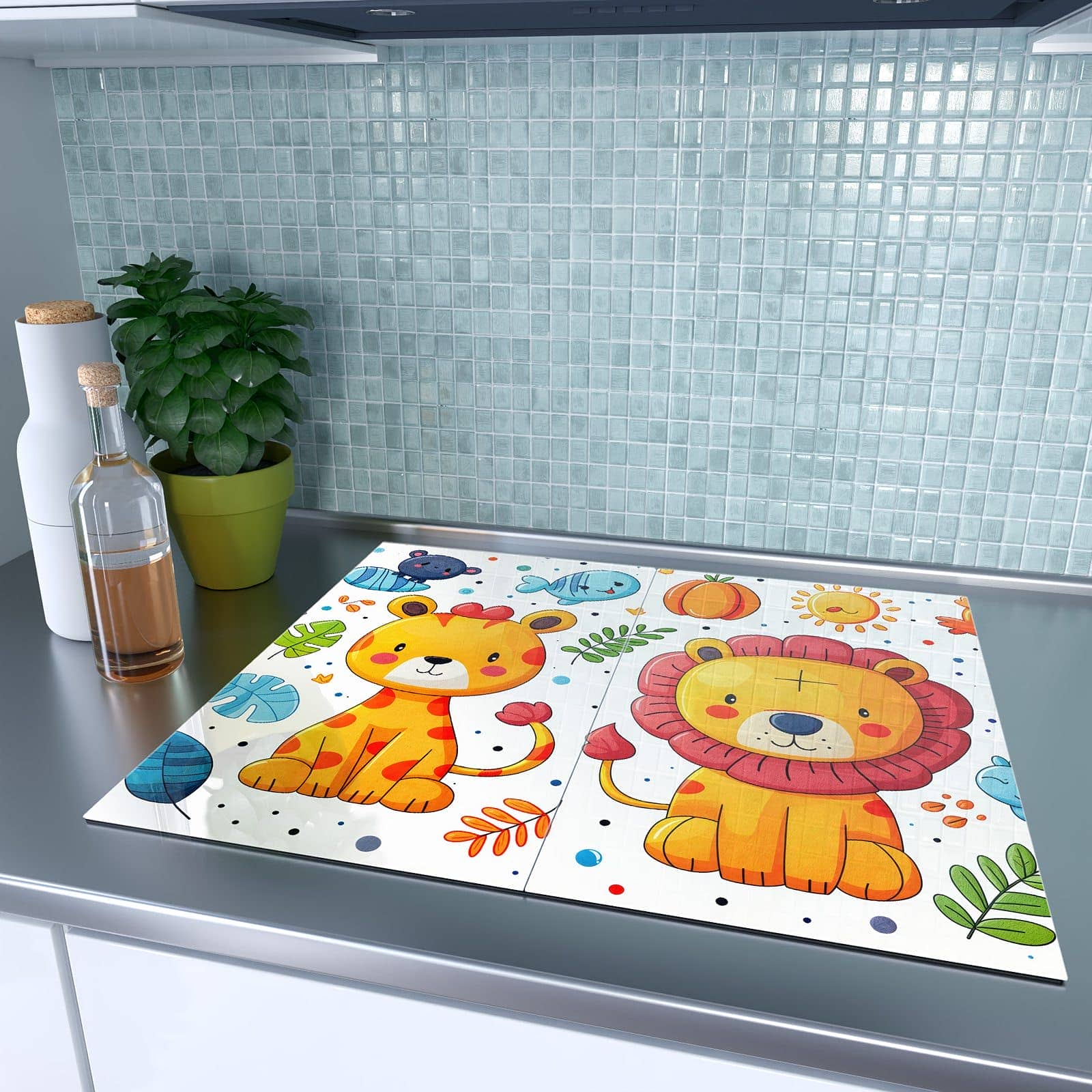 2-teilige Herdabdeckplatten für Ceranfeld mit Tierisches Design-Motiv in moderner Küche