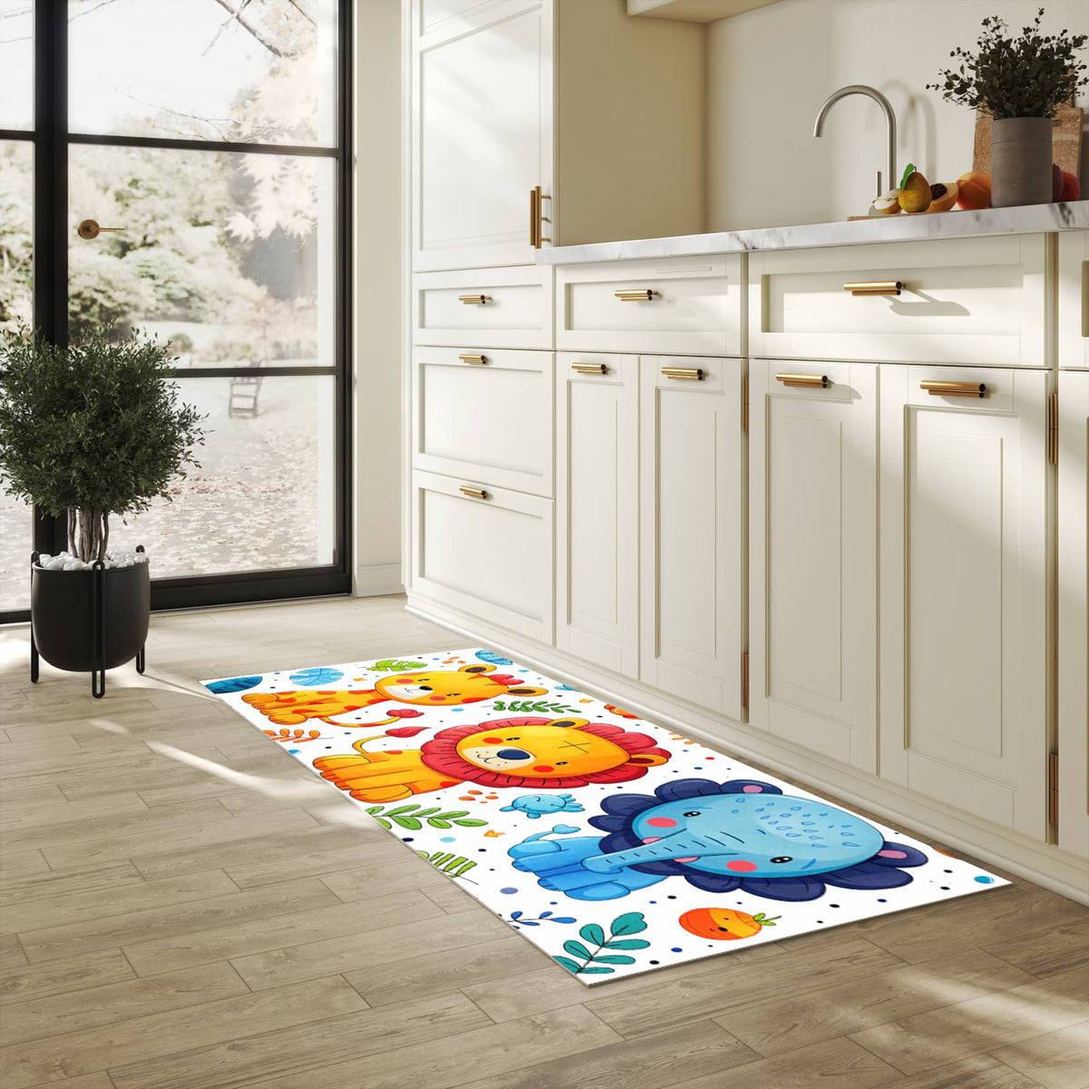 Dünner Küchenteppich mit Motiv Tierisches Design in heller Küche für angenehme Haptik