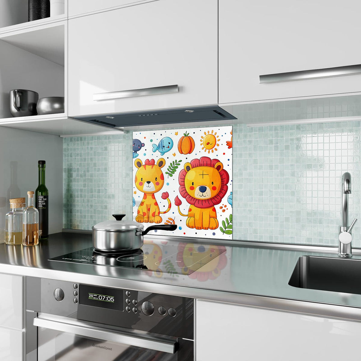 Küchenrückwand Löwe und Leopard aus Glas – Cartoon-Löwe und Leopard mit Sonne