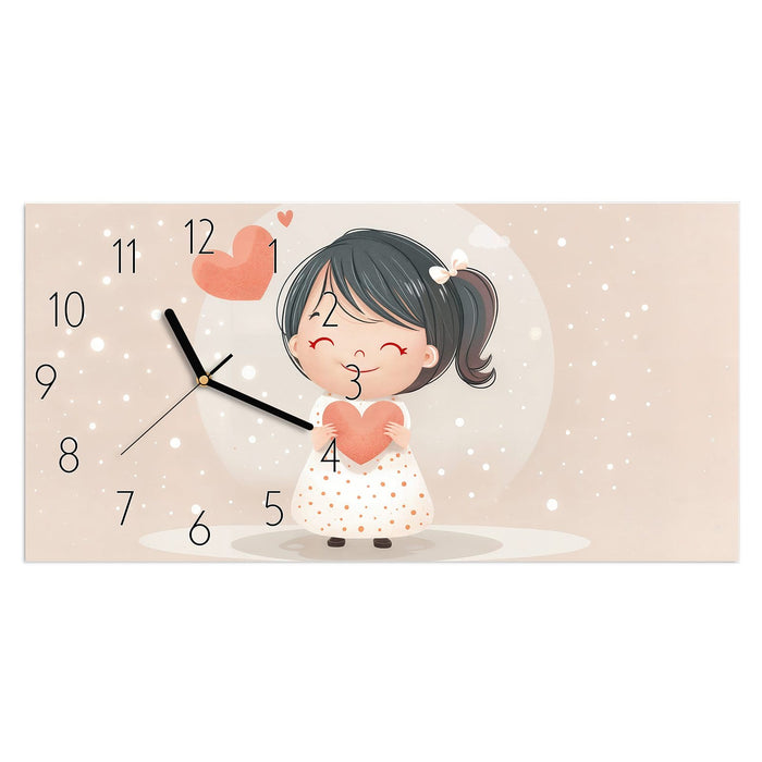 Wanduhr Herziges Maedchen Herz aus Glas – Querformat 60 × 30 cm mit Ziffernblatt Elegant