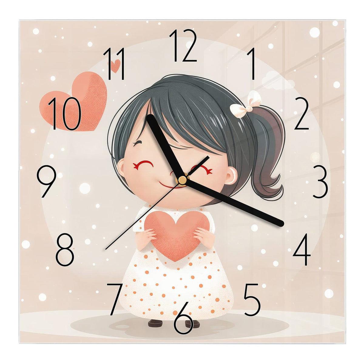 Wanduhr aus Glas, Ziffernblatt Elegant: Illustration: lachendes Mädchen mit Zopf hält ein korallenrotes Herz, ein zweites schwebt links daneben #ziffernblatt_Elegant
