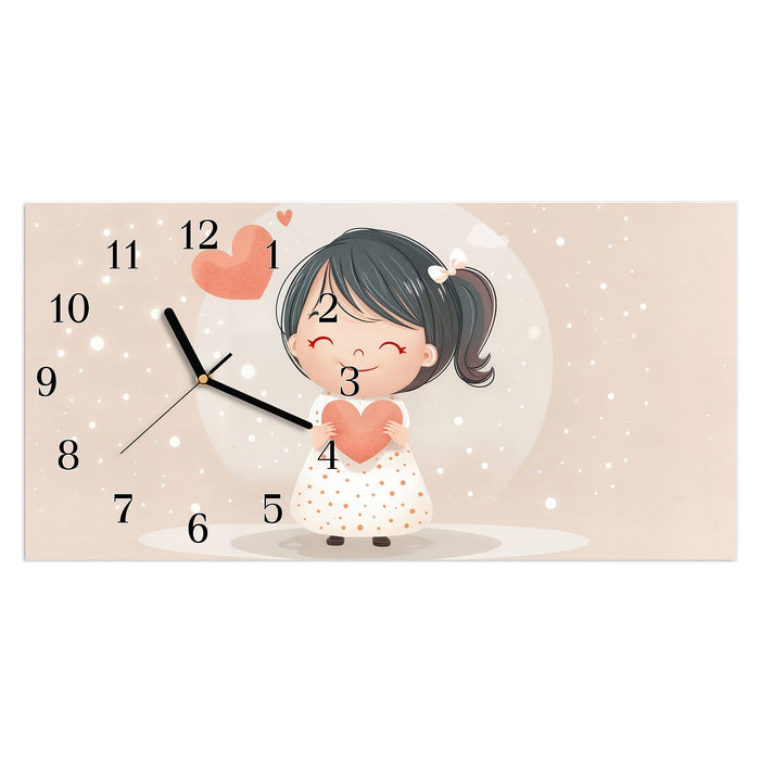 Wanduhr Herziges Maedchen Herz aus Glas – Querformat 60 × 30 cm mit Ziffernblatt Klassisch