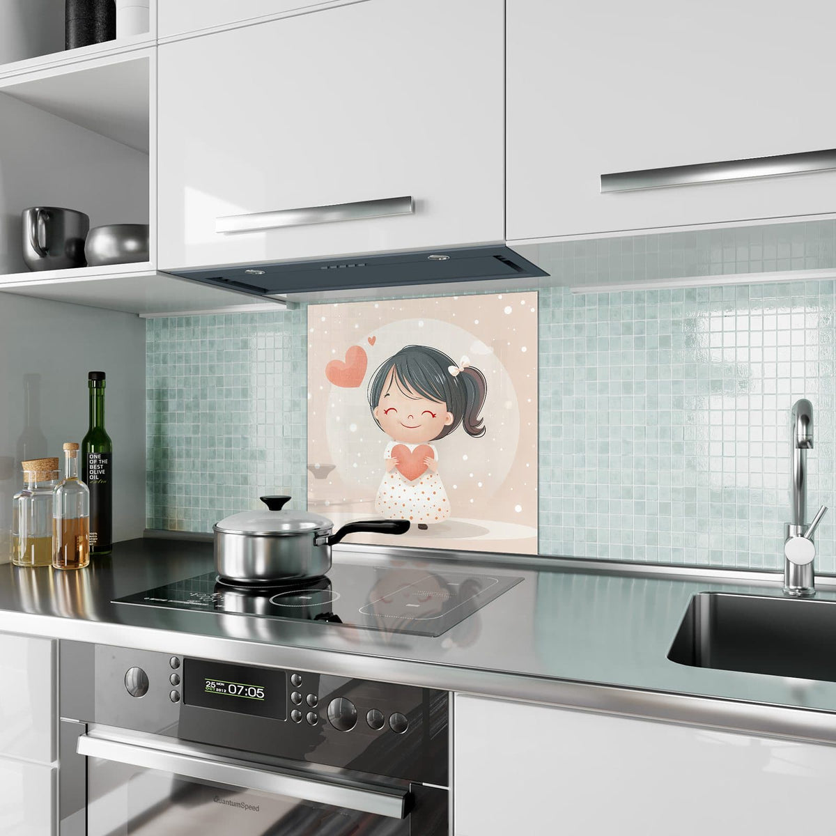 Küchenrückwand aus Glas Mädchen mit zwei Herzen im quadratischen Format als Spritzschutz hinter dem Kochfeld, über dem Fliesenspiegel montiert