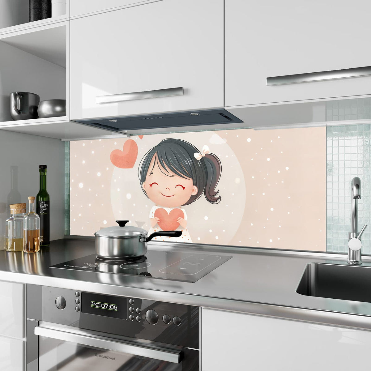 Küchenrückwand aus Glas Mädchen mit zwei Herzen im Hochformat als Spritzschutz hinter dem Kochfeld, über dem Fliesenspiegel montiert