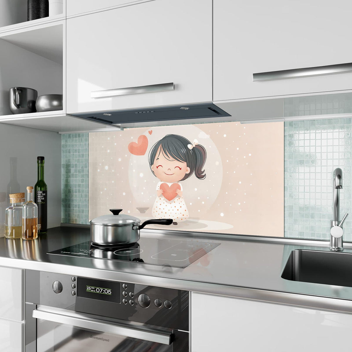Küchenrückwand aus Glas Mädchen mit zwei Herzen im Hochformat als Spritzschutz hinter dem Kochfeld, über dem Fliesenspiegel montiert