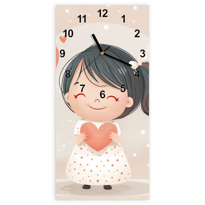 Wanduhr Herziges Maedchen Herz aus Glas – Hochformat 30 × 60 cm mit Ziffernblatt Modern
