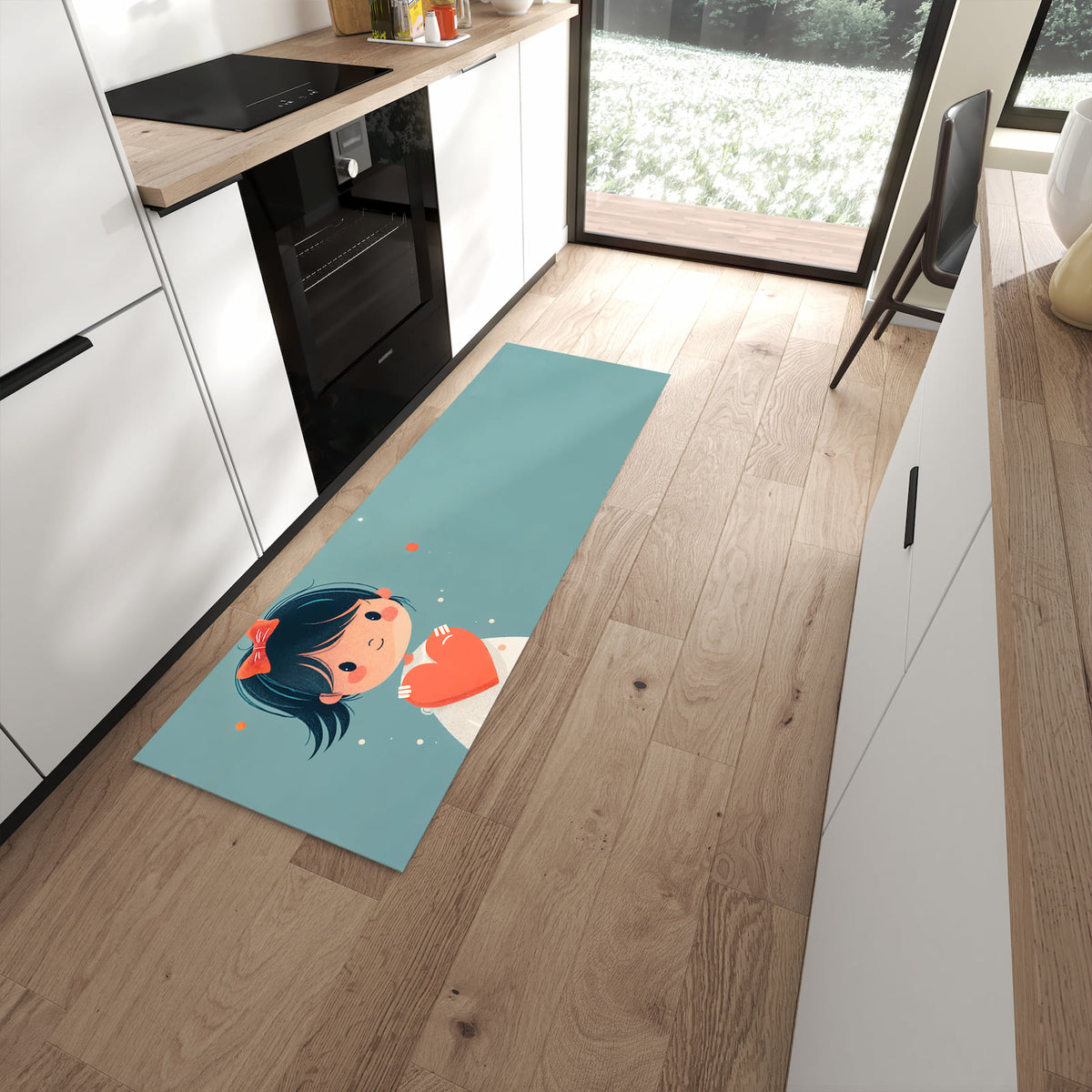 Fleckenresistenter abwaschbarer Küchenteppich mit Motiv Herzliches Mädchen in moderner Küche